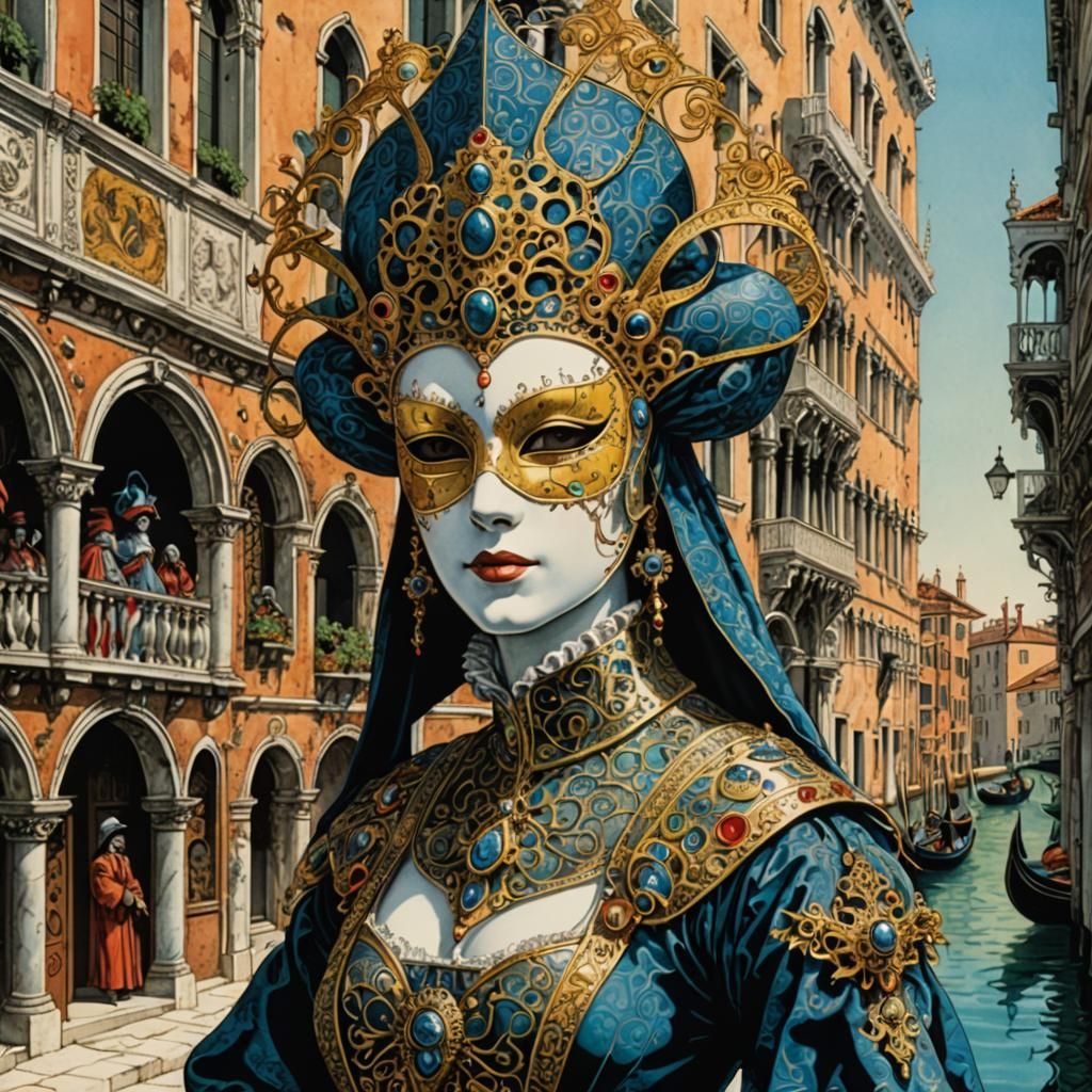 Venetian Beauty in Elaborate Mask, Bande Dessinées Style