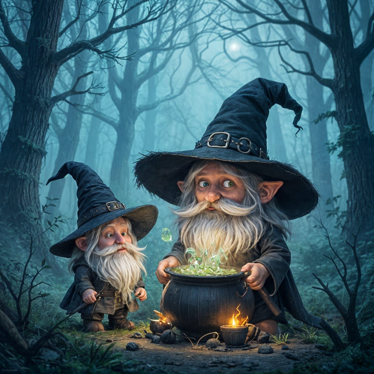 Gnome Witch Beside Cauldron in Foggy Woods