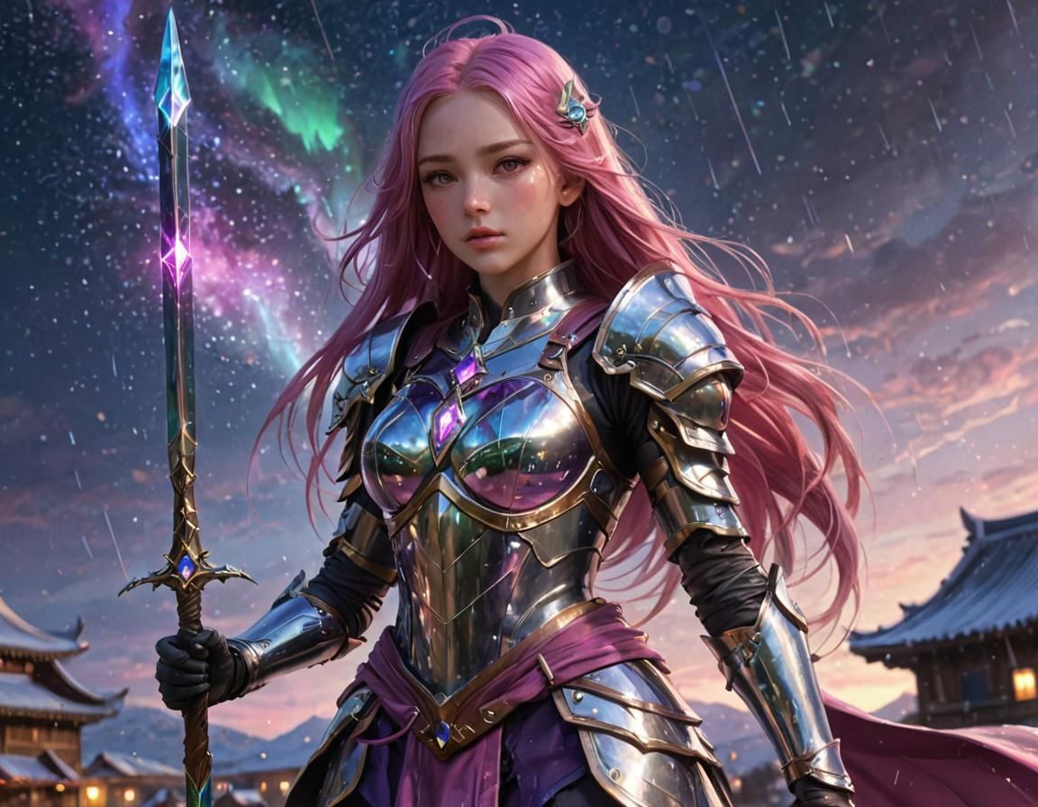 Teenage Girl in Cosmic Knight Armor: Anime Art