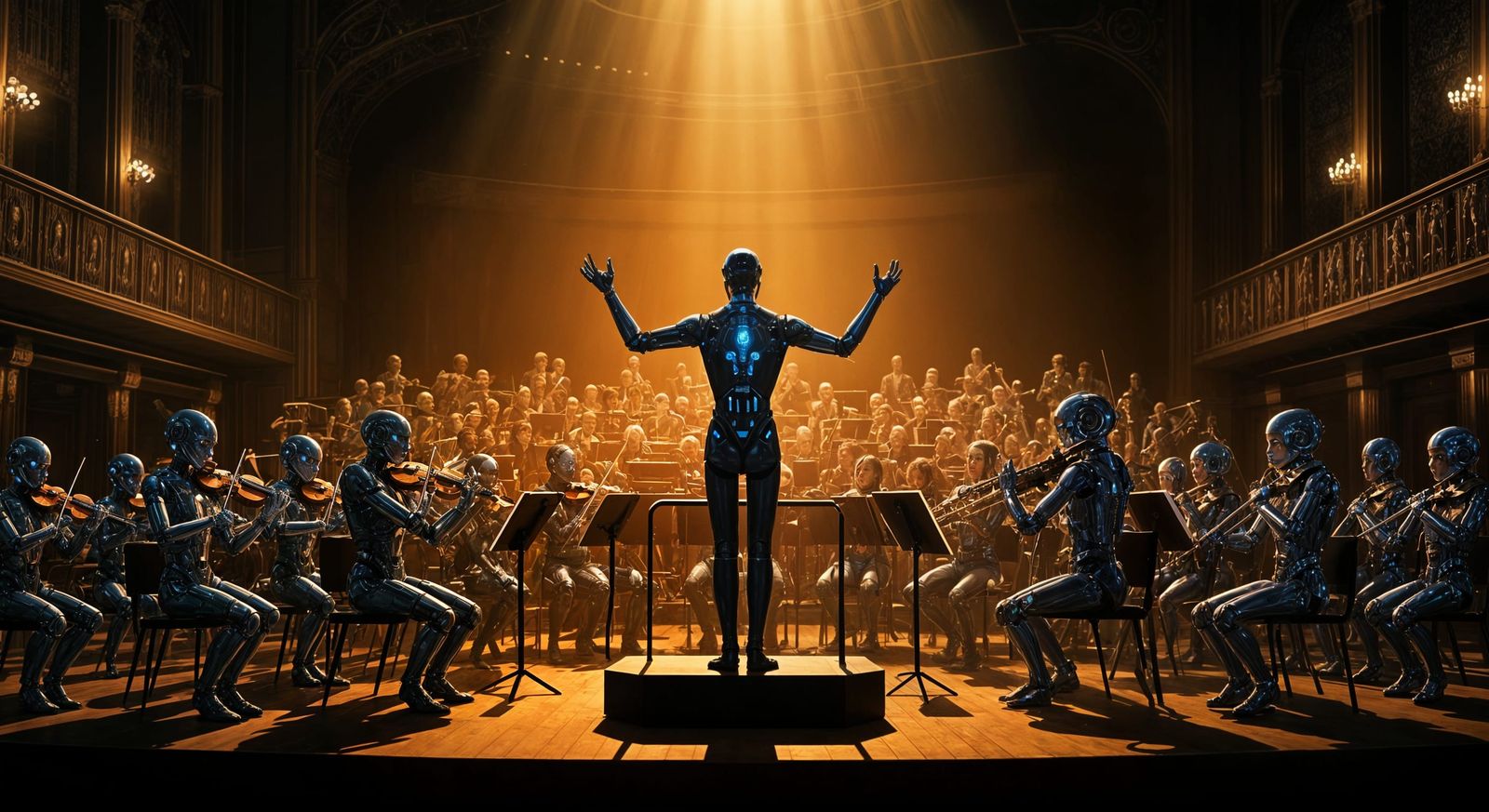 Robotic Symphony: Humanoid Orchestra in Grand Concert Hall