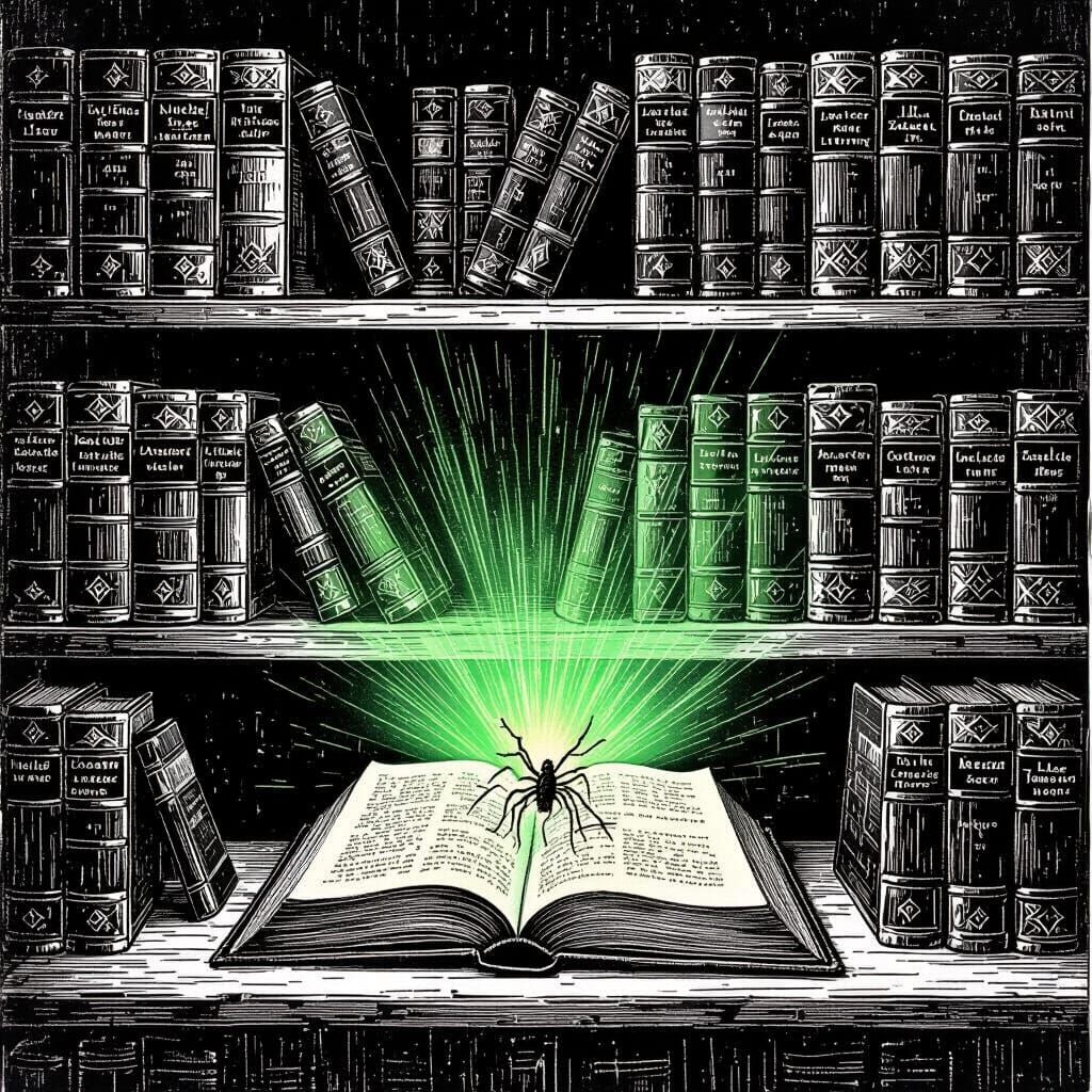 Glowing Book on Library Shelf in Woodcut Style