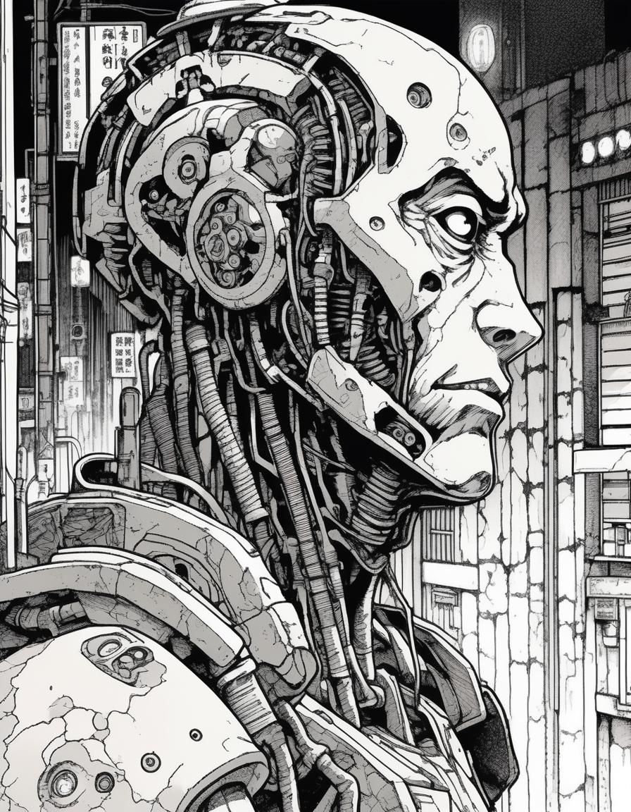 Weary Cyborg in Alley: Manga-Inspired Close-Up