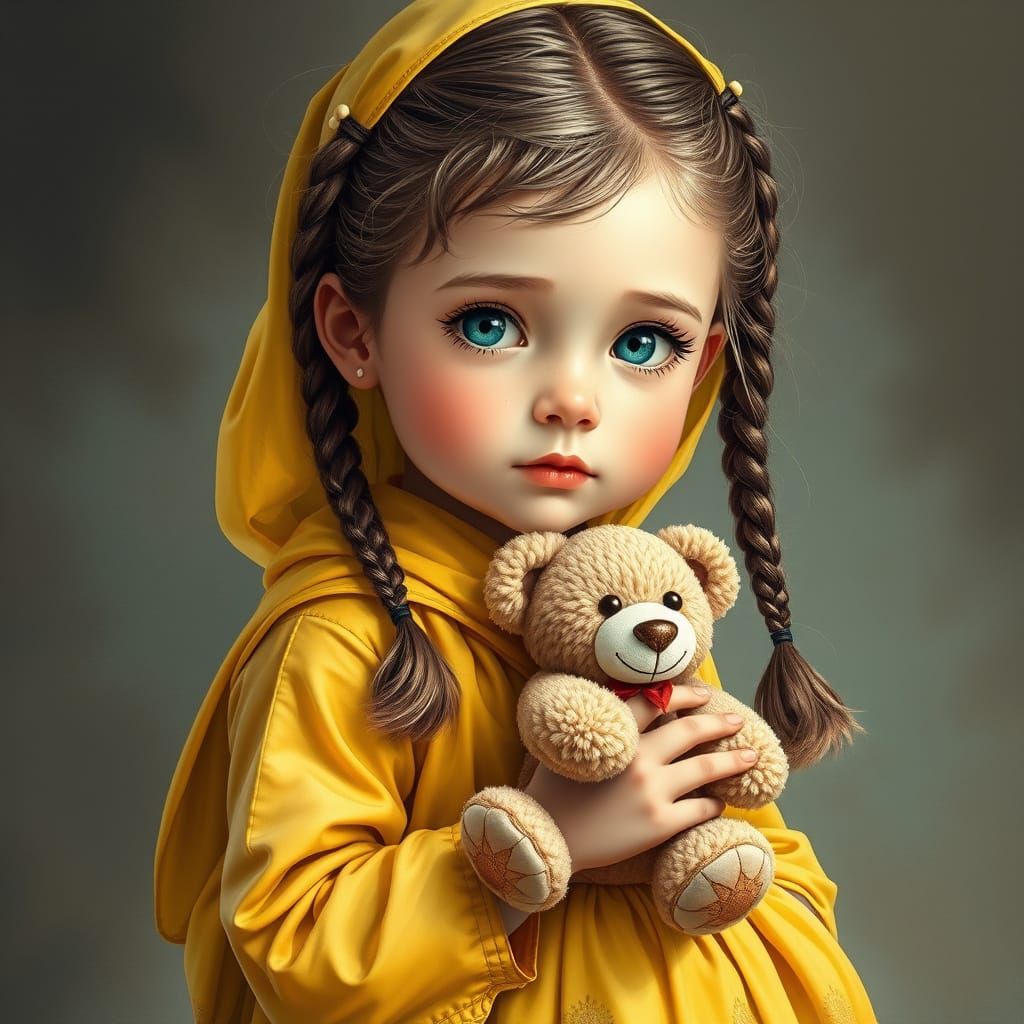 Little Girl in Modest Attire with Braided Hair and Teddy Bea...