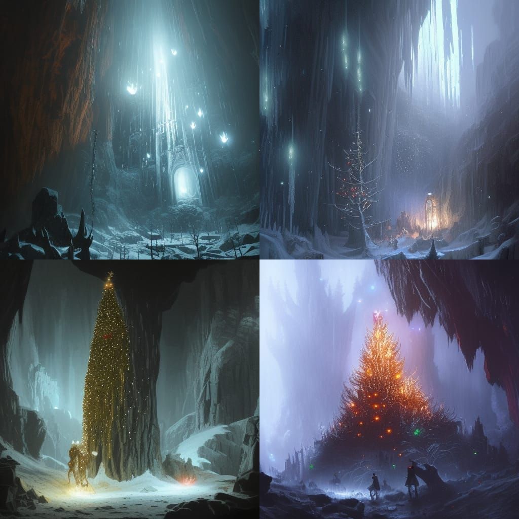 Gothic Christmas Tree with Glowing Balls in Cave