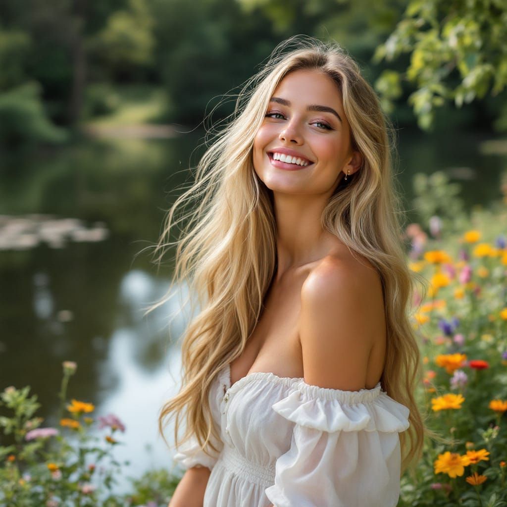 Beautiful Woman by Lake in Impressionist Style