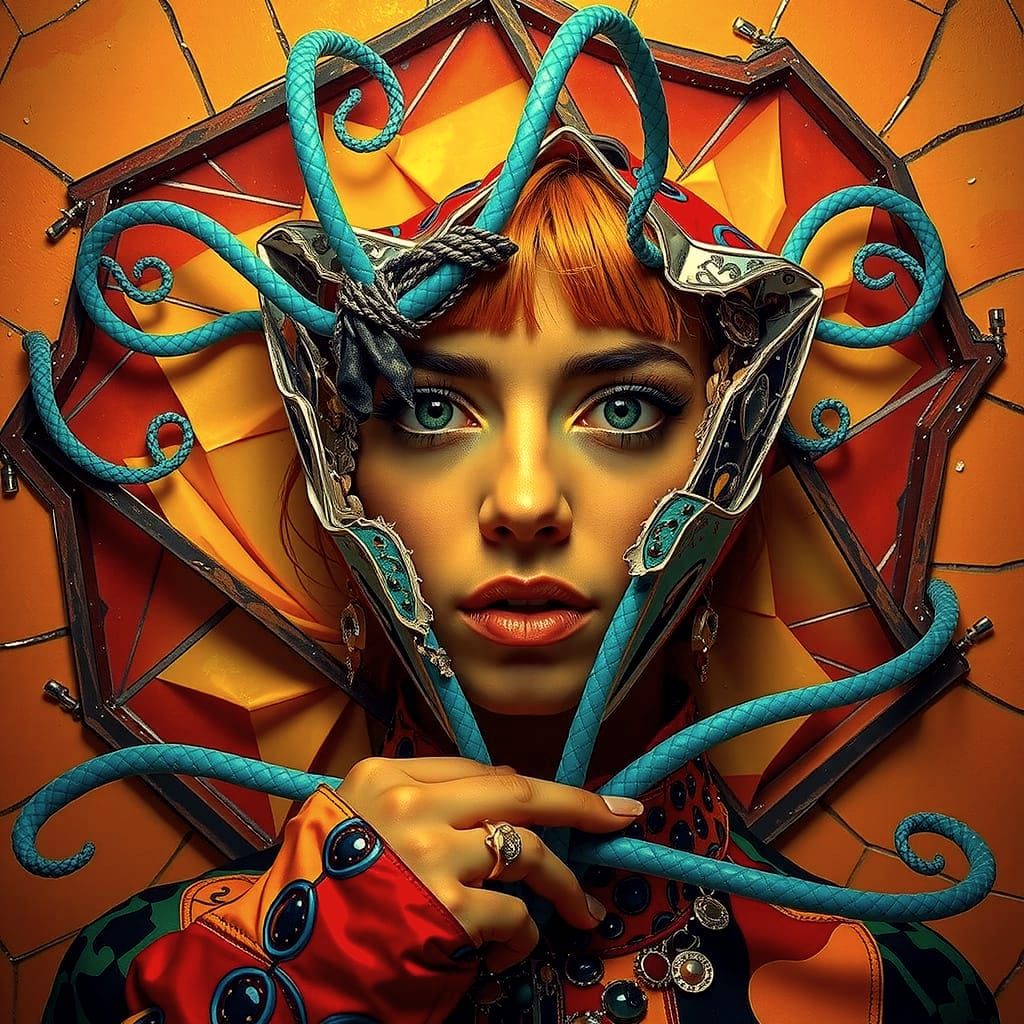 Flamboyant Woman in Chaotic Style with Projected Overlay