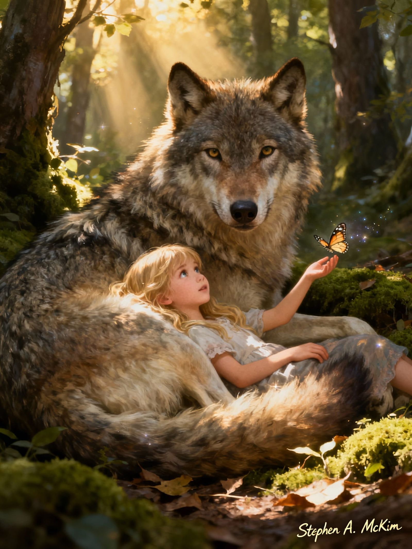 An ultra-detailed 8K fantasy artwork of a serene forest scen...