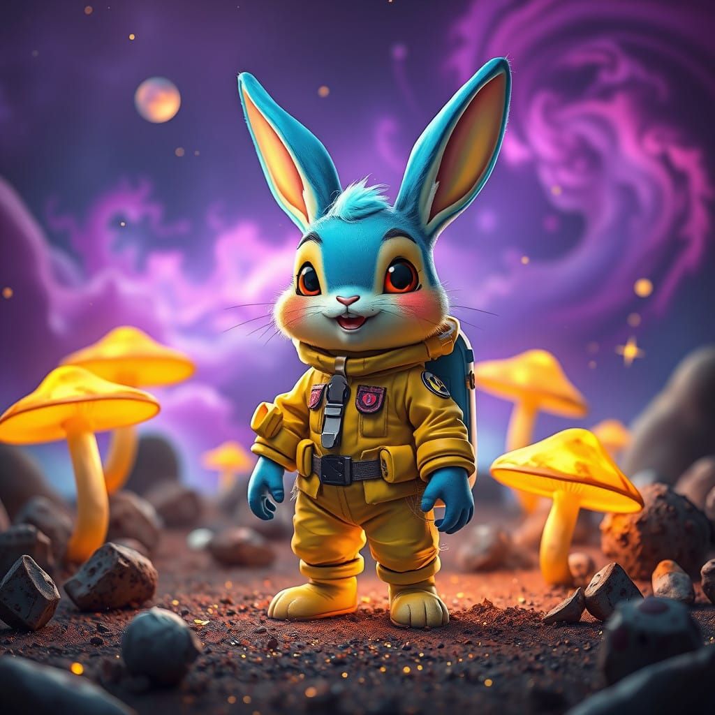 Whimsical Cartoon Alien Rabbit in Dreamlike Space