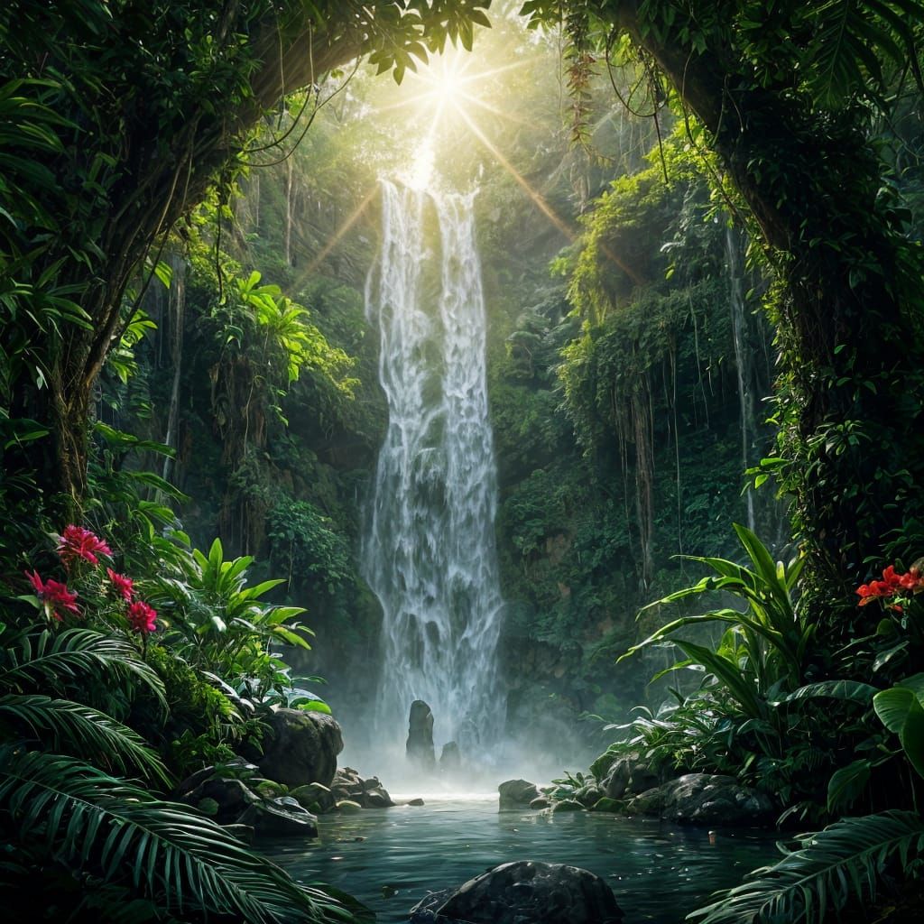 Vibrant Jungle Waterfall in Hyperrealistic Detail