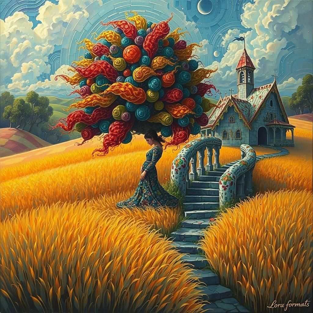 Woman Ascending to Sky with Iridescent Foliage