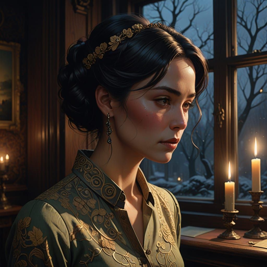 Elegant Woman Contemplates by Midnight Study