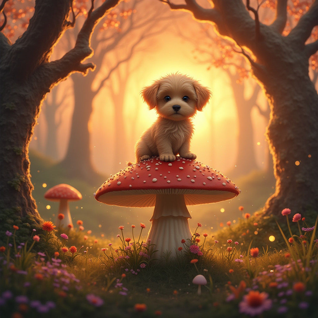 Puppy on Mushroom in Enchanted Forest