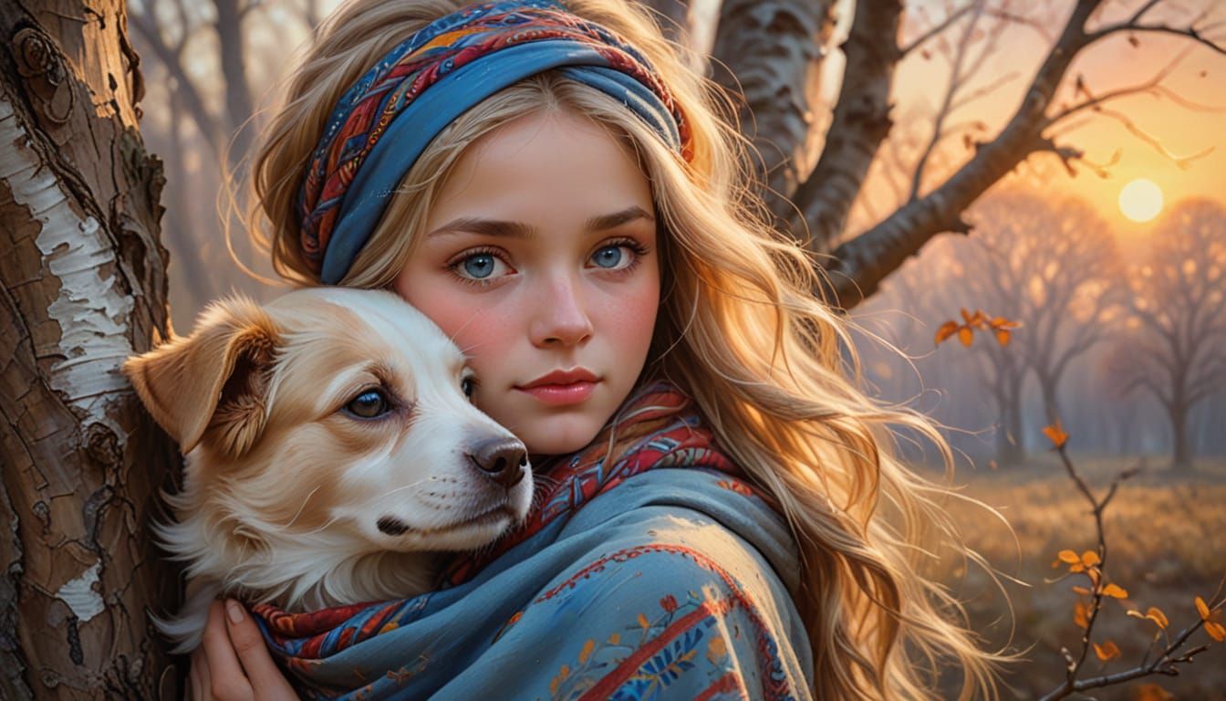 Girl and Puppy Embrace in Digital Painting Style