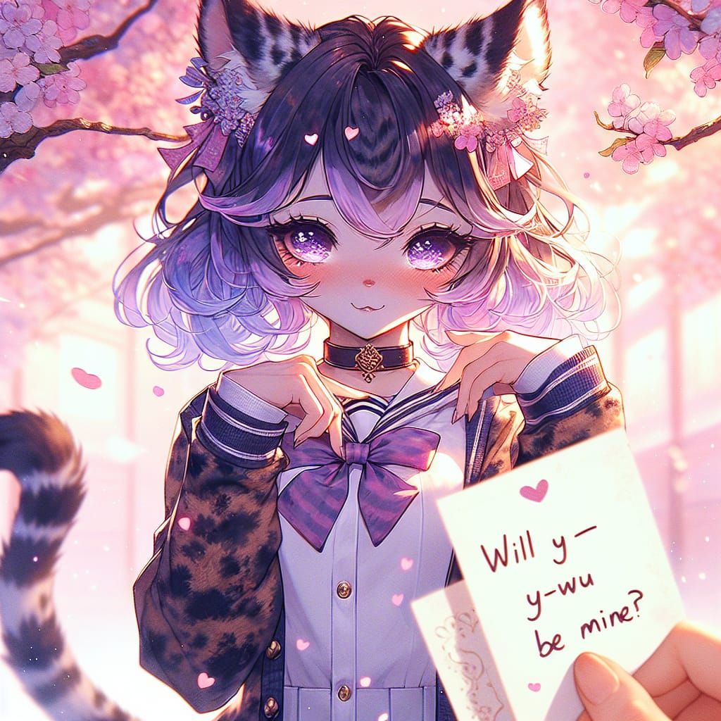 Whimsical Cat's Blushing Valentine's Day Moment in Pastel Fa...