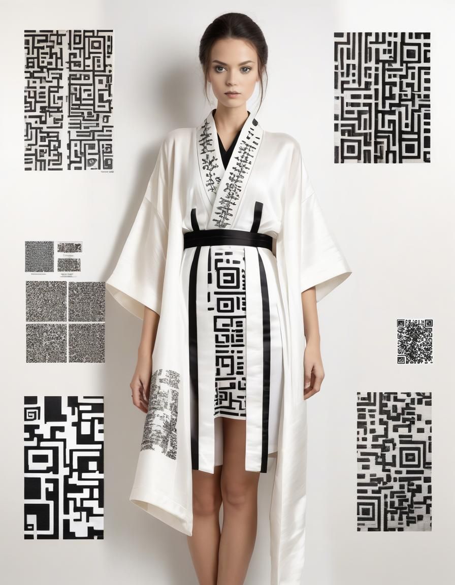 White Silk Kimono with Black QR Code Embroidery