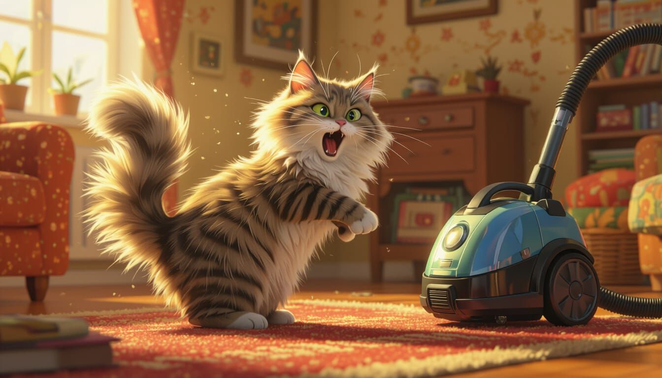 Cat Hisses at Vacuum in Cozy Living Room
