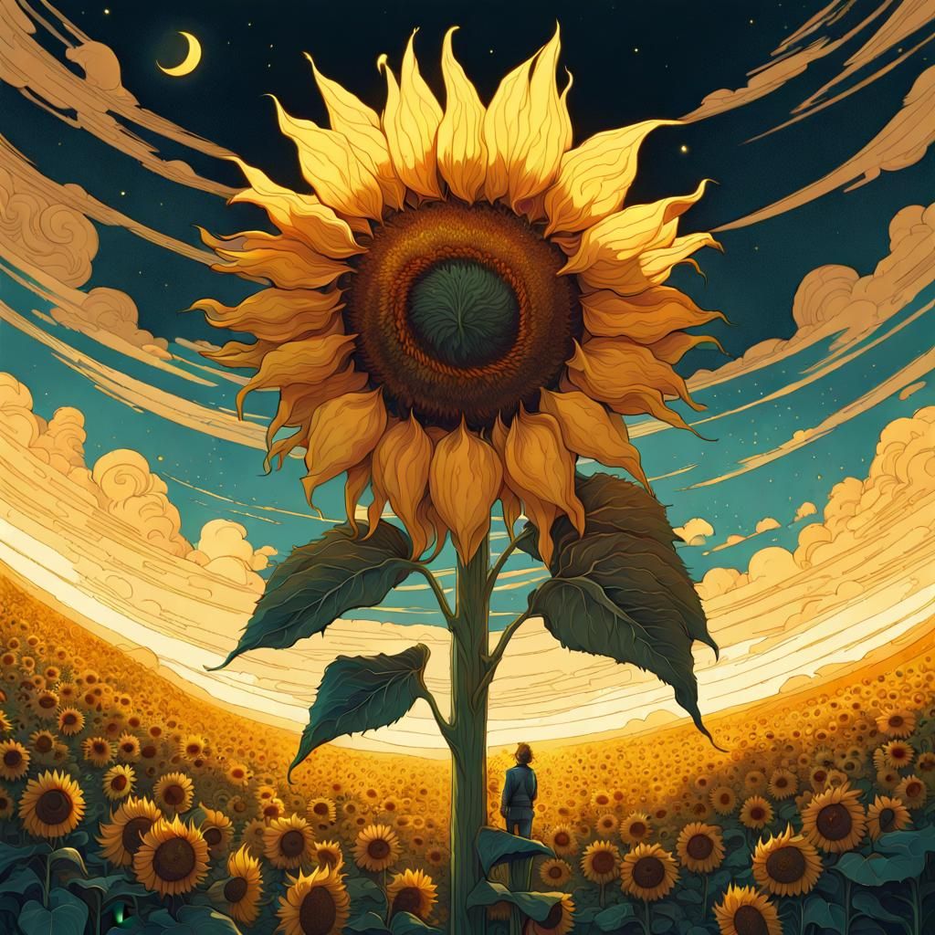Lonely Sunflower Blooms on Moon in Impasto Style