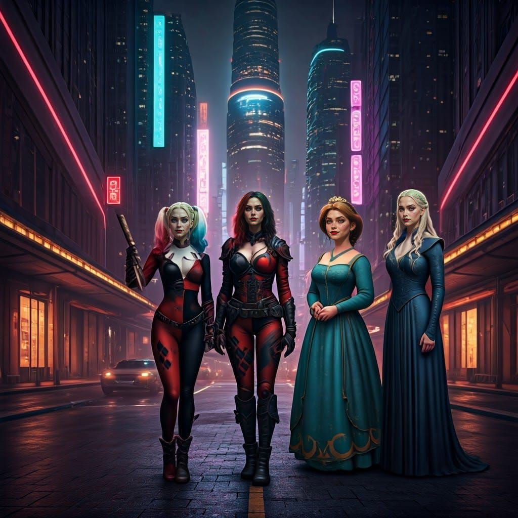 Fantastical Night City Scene with Fictional Female Character...