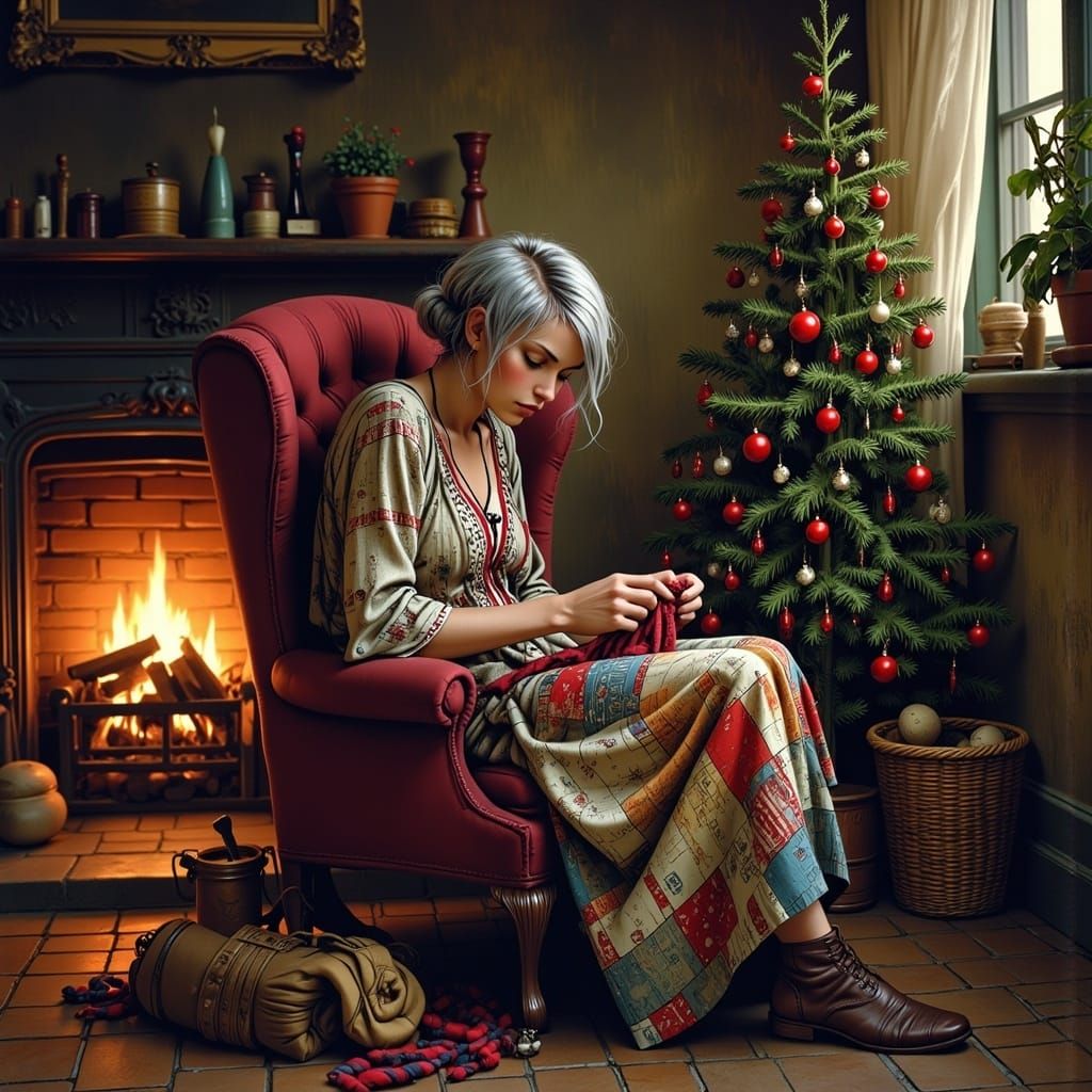 Woman Knitting by Cozy Christmas Tree
