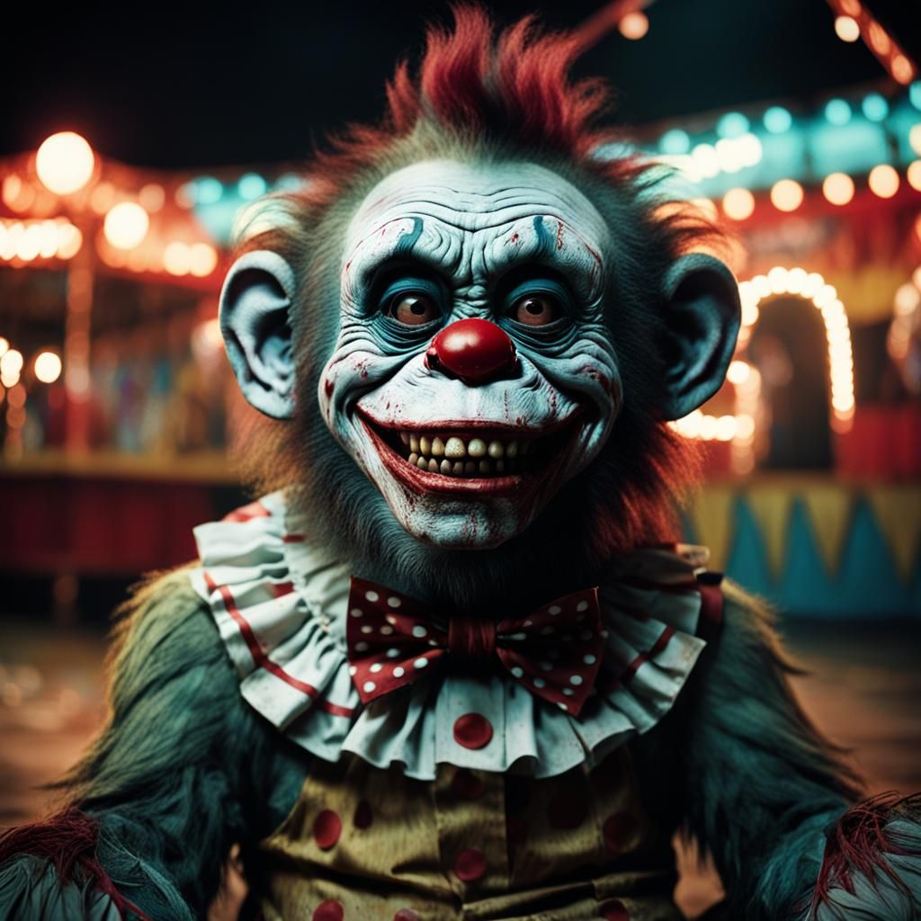 Zombie Monkey Clown Toddler in Abandoned Funhouse