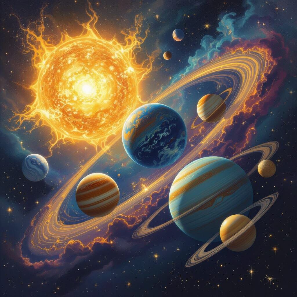 Nine Planets Orbiting Stylized Sun in Cosmic Vista