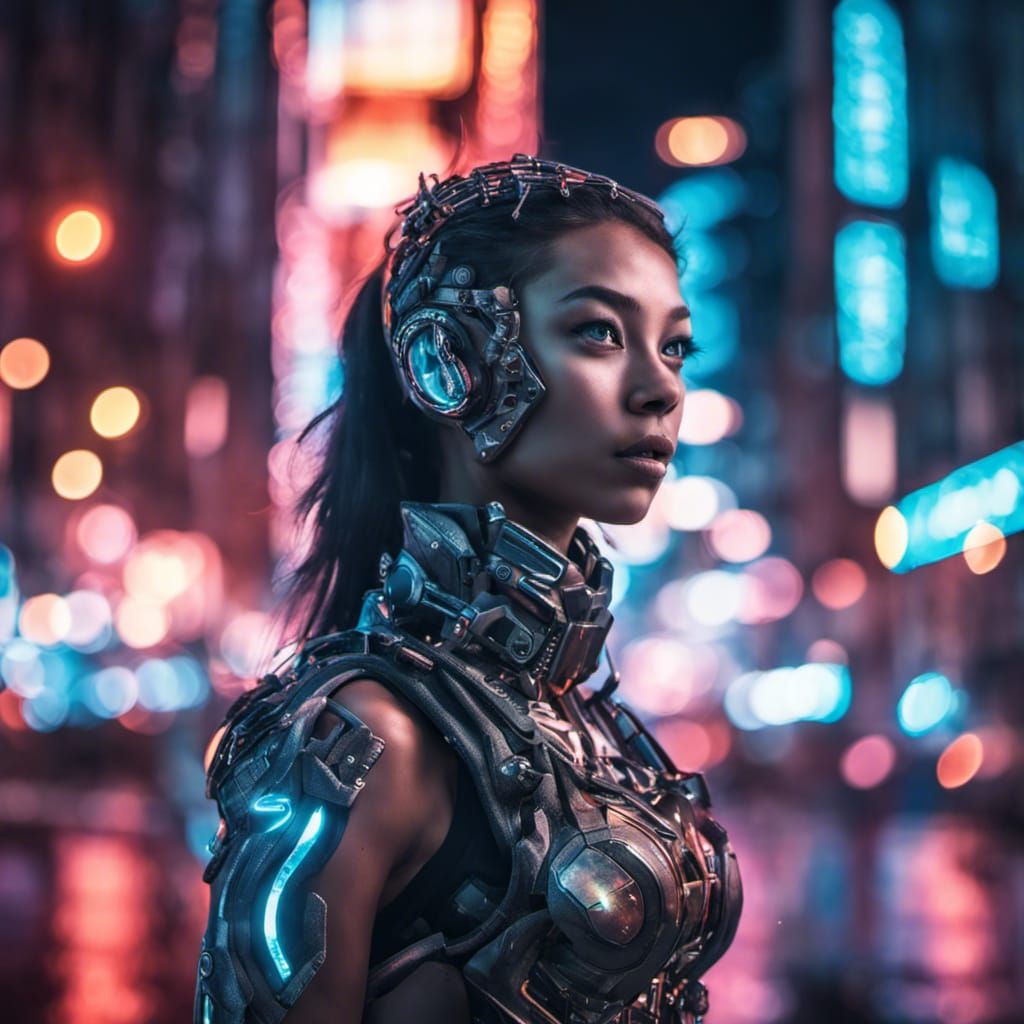 Cyborg Girl with Neon Armor in Cyberpunk City