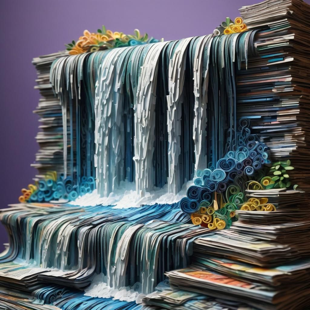 Waterfall carved into a stack of newspapers