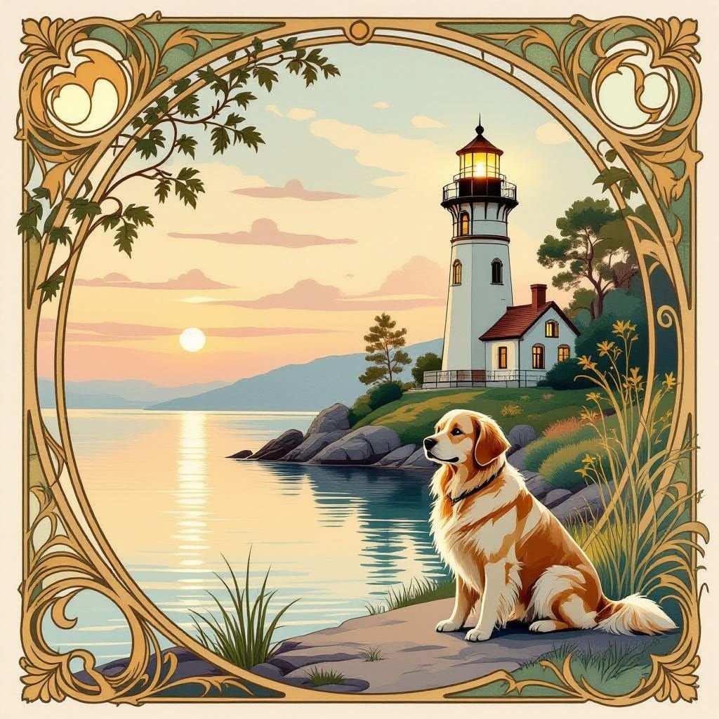 Art Nouveau Golden Retriever by Serene Lake at Dawn