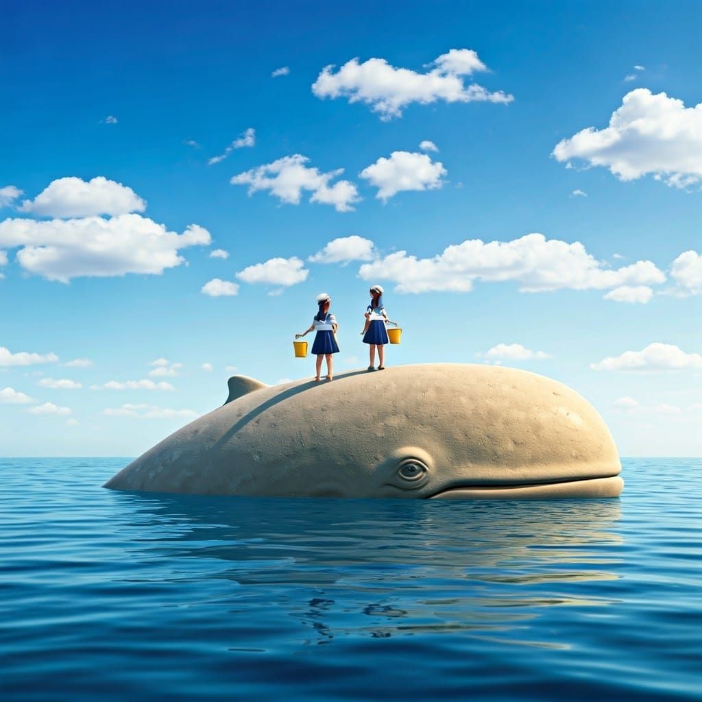 Sandcastle Whale Ride with Girls in Sailor Outfits