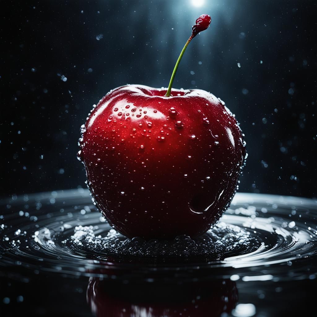 Red Cherry Portrait in Black Void of Space