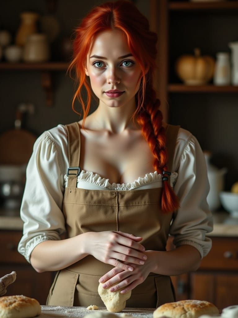 Redhead Baker Kneading Dough in Bustling 1500s Kitchen