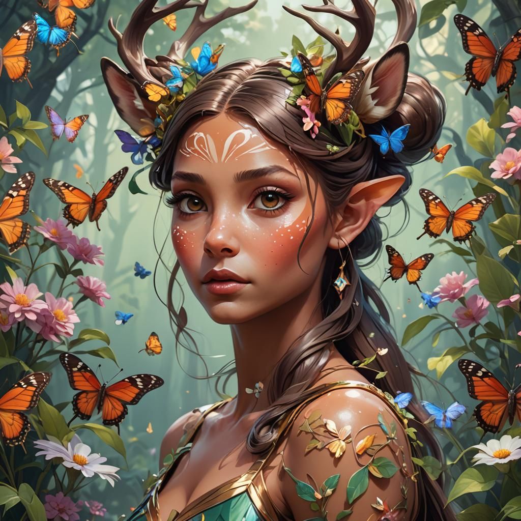 Bambi and Butterfly Portrait in Hyperdetailed Style