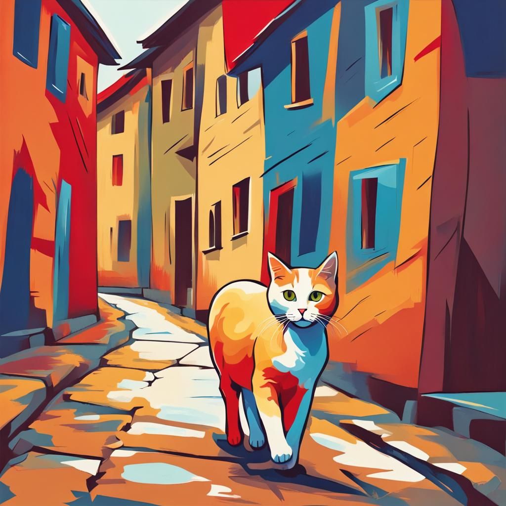 Cute Cat Walking in Village, Abstract Art