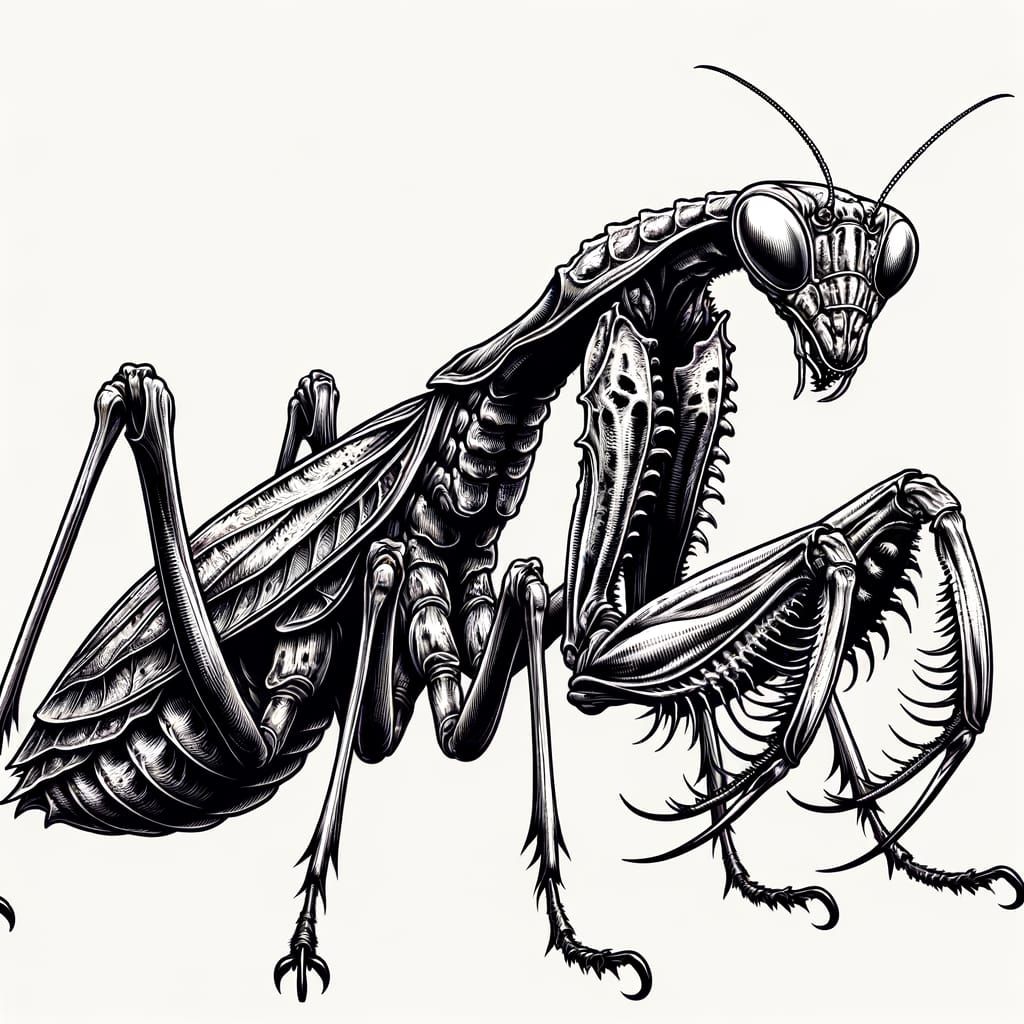 Menacing Preying Mantis Scientific Illustration in High Deta...