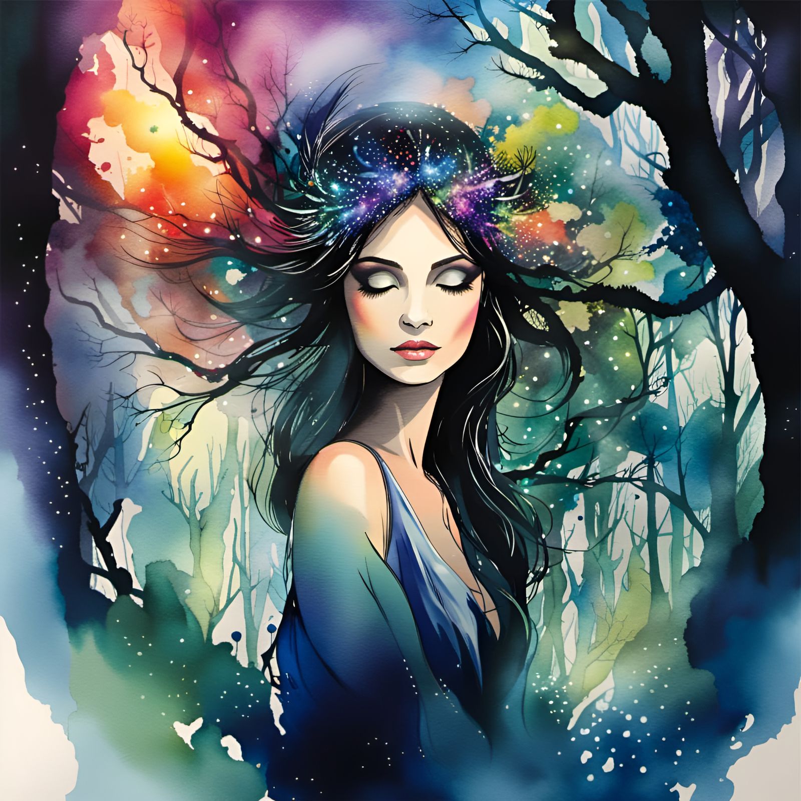Mystical Forest Girl with Fairy Lights in Watercolor
