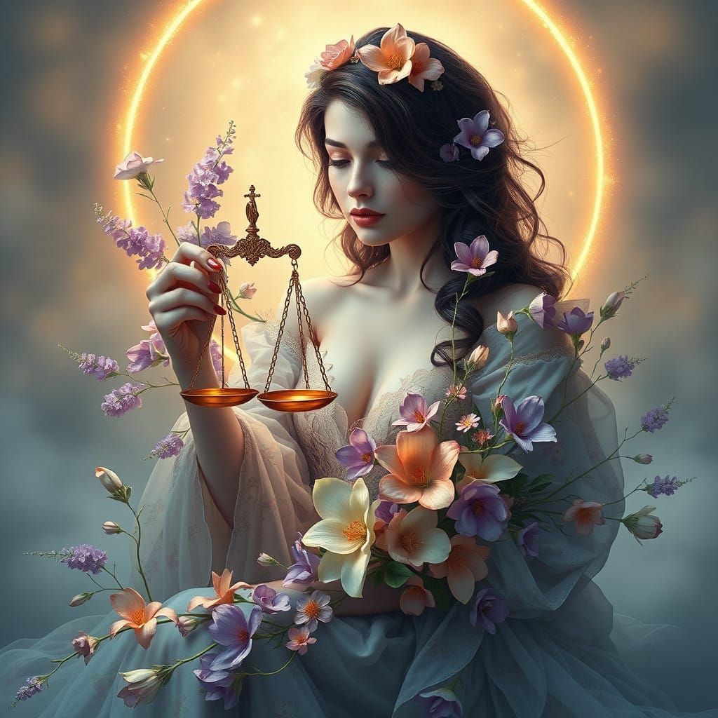 Ethereal Fantasy Concept Art of a Libra Goddess Painting Flo...