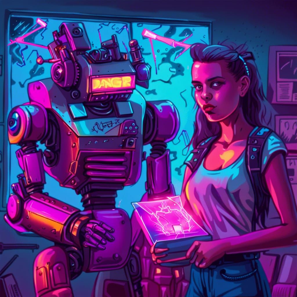 Teen and Robot in Synthwave Steampunk Storm