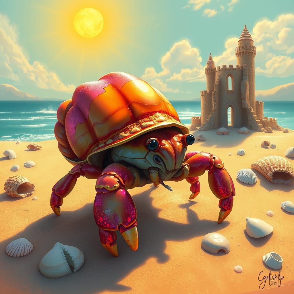 Psychedelic Hermit Crab on Golden Beach, Digital Art