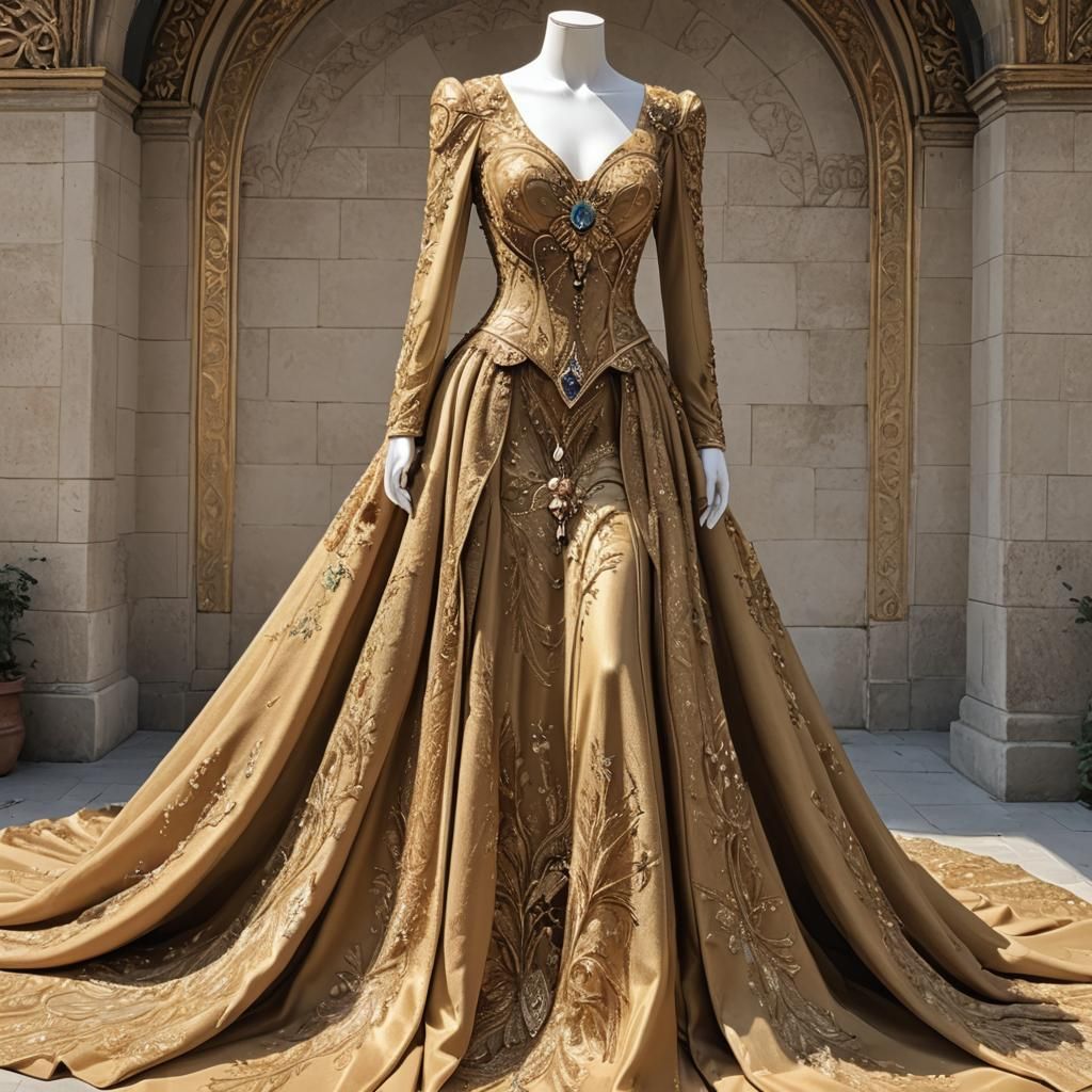 Ornate Gold Fantasy Gown with Flowing Train