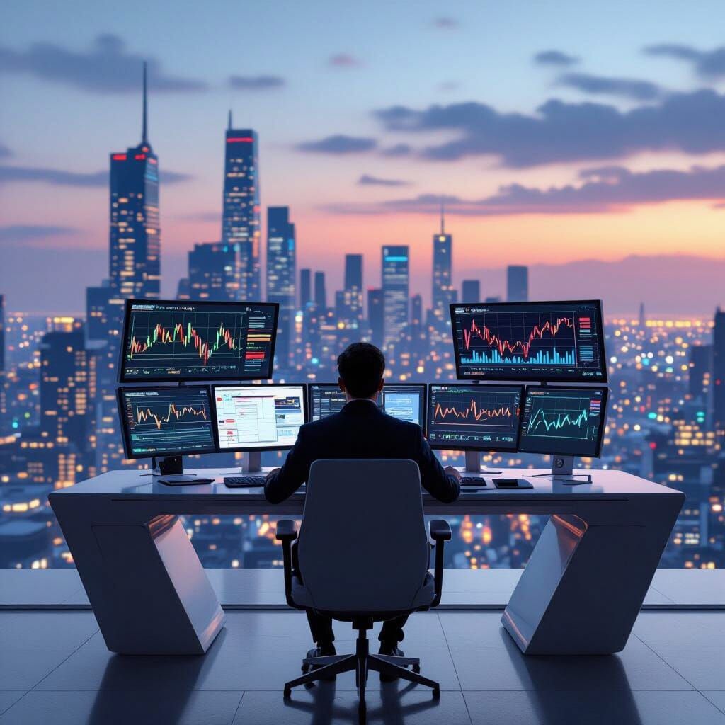 Futuristic Trader at Dusk Cityscape, Digital Painting & 3D R...