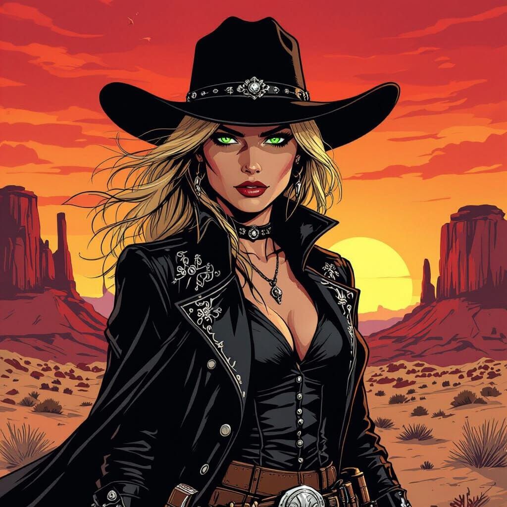 Female Gunslinger in Neo-Western Graphic Novel Style