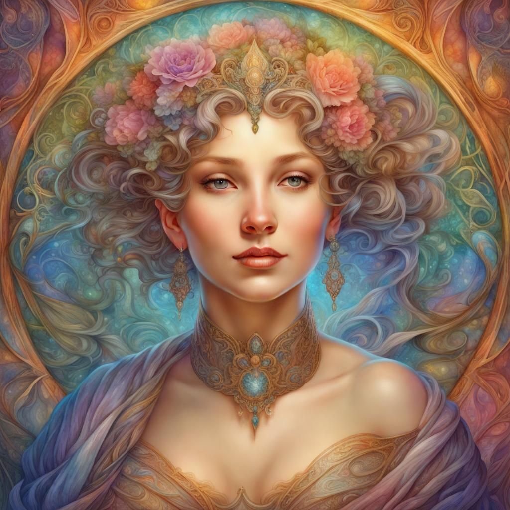 Woman with Shaved Head Portrait in Art Nouveau Style