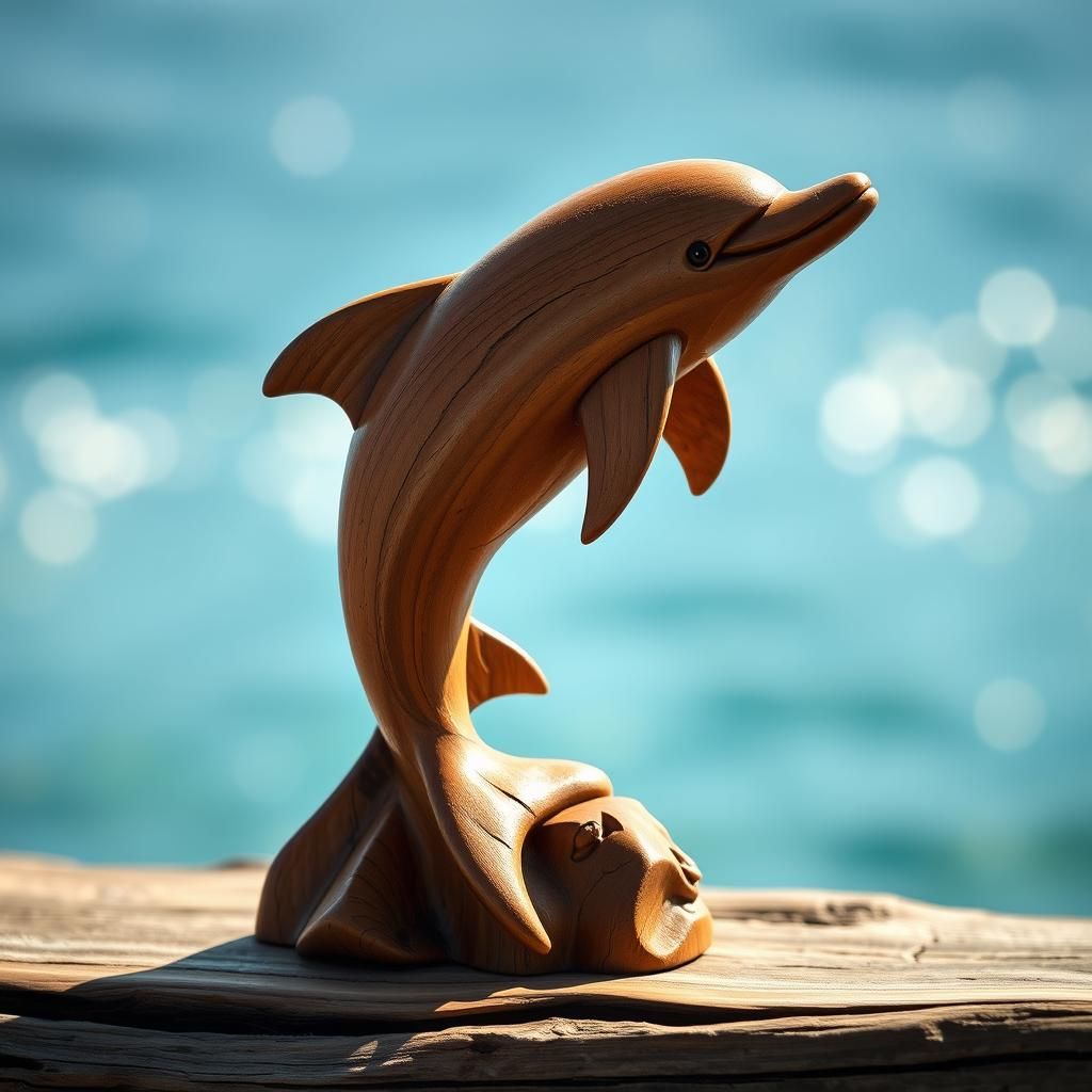 Detailed Wooden Dolphin Carving in Natural Light