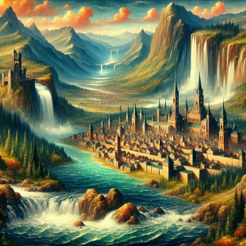 Medieval Fantasy City Beside Waterfall in Romantic Style