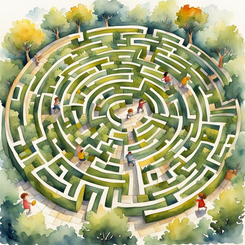 Children Play in Maze: Watercolor Storybook Illustration