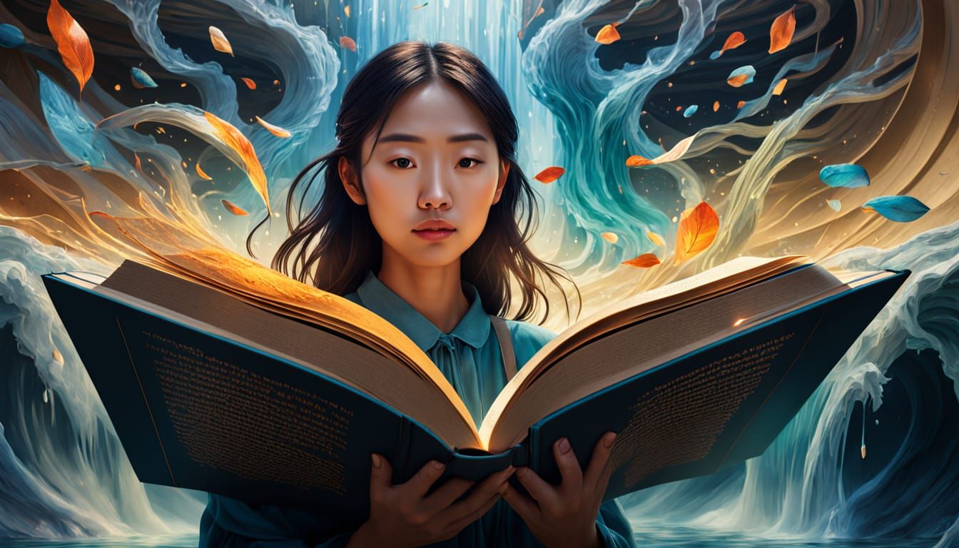 Asian Woman in Giant Book: Surreal Digital Painting