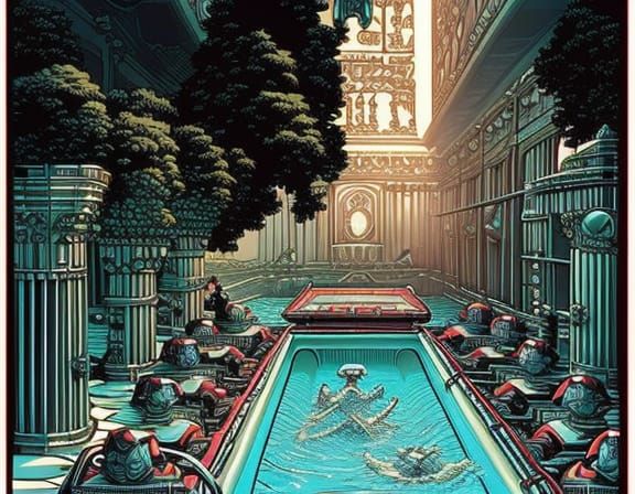 Robots Clean Rococo Pool in Comic Book Style