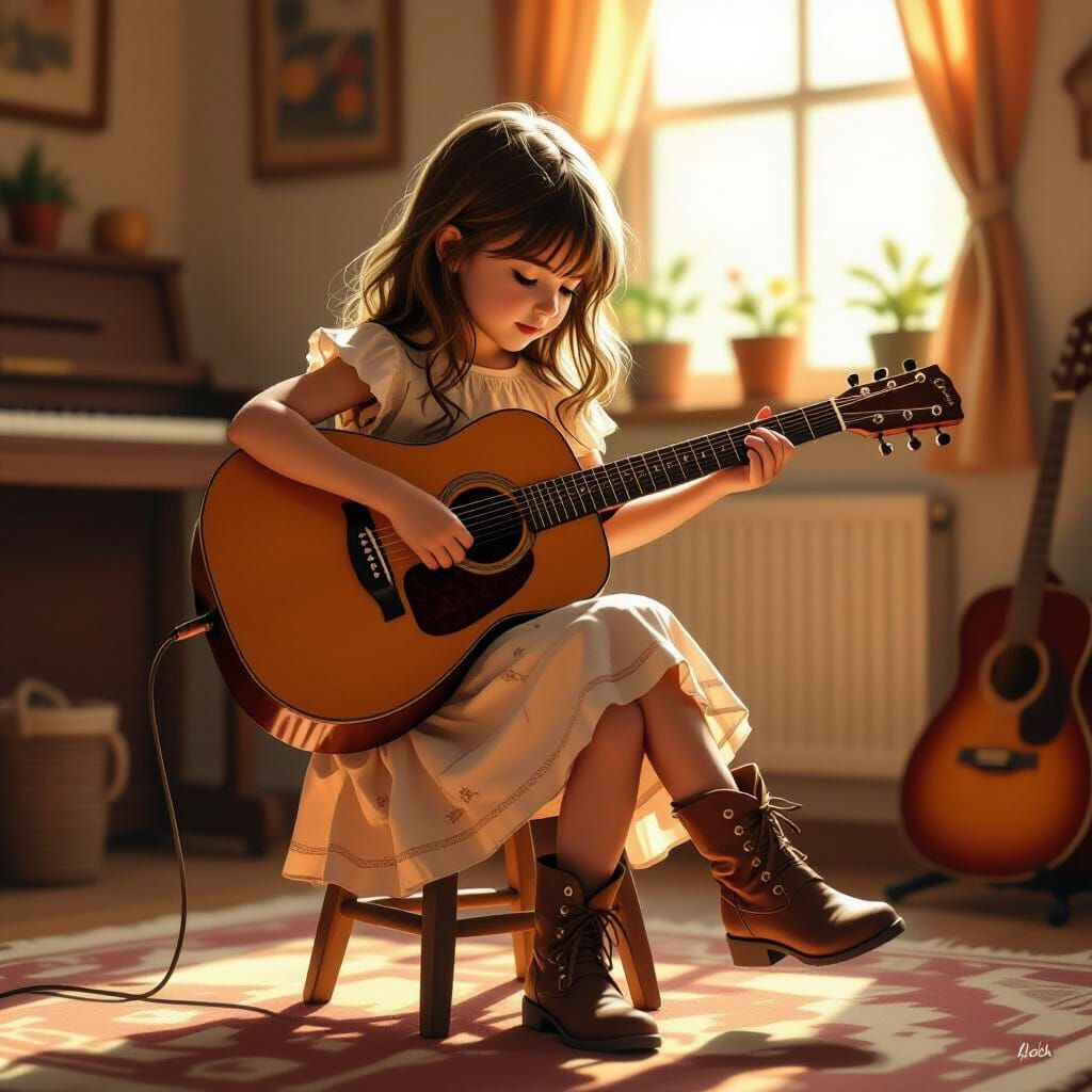 Girl Playing Guitar in Cozy Music Room, Digital Art