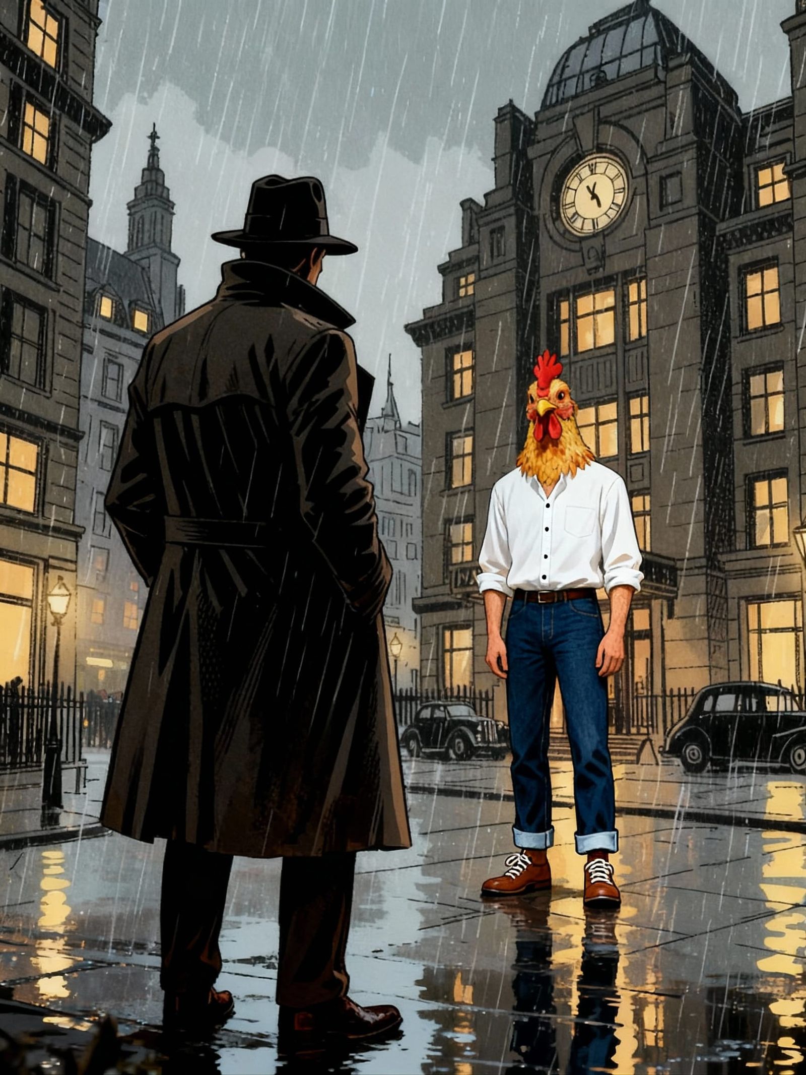 Detective in Coat Observes Mysterious Chickenhead Character