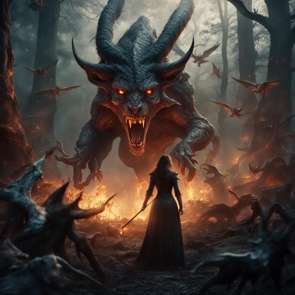 Sorceress Battles Demons in Epic Forest Fight